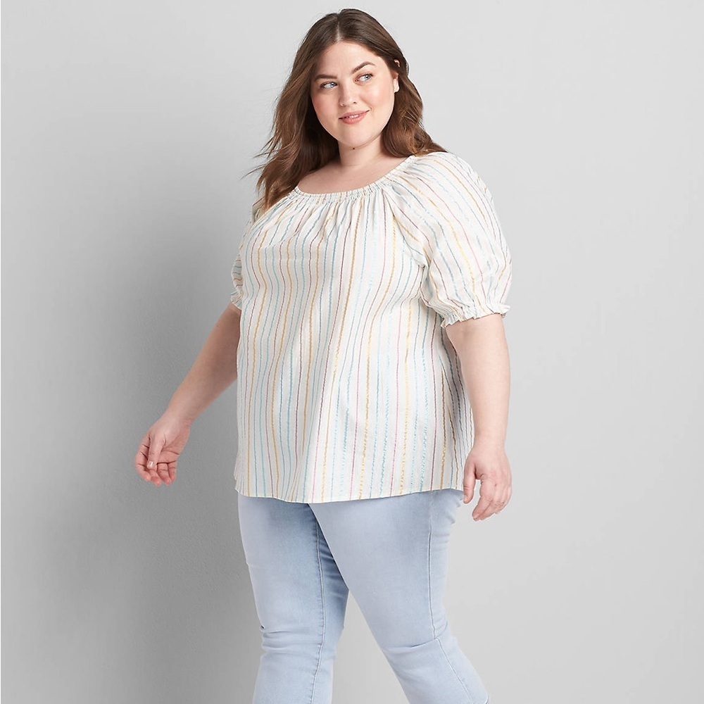 Lane Bryant Cotton Peasant Metallic-Stripe Puff-Sleeve Shirred Top Shirt Size 22 - Picture 2 of 7